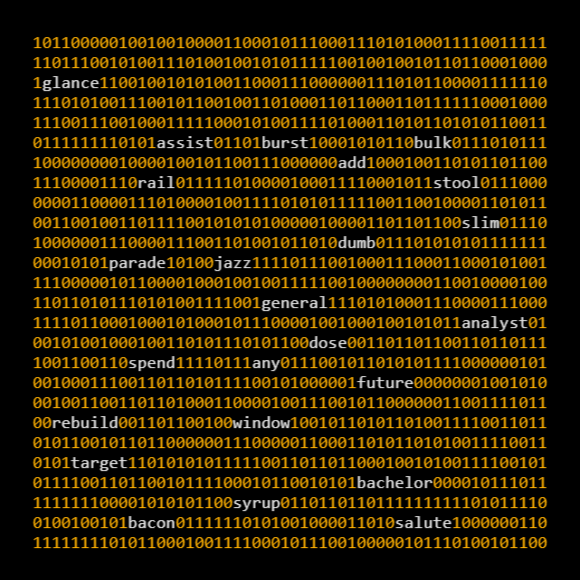 Bitcoin ordinal collection. An inscription as a bunch of digits shaped as square with BIP39 words randomly showed among them